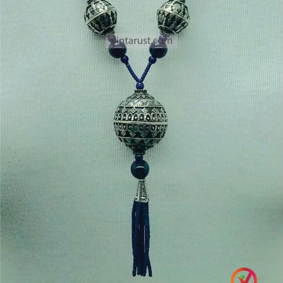 Blue Beaded Pendant Necklace with Silver Tribal Charms and Tassels - Picture 6 of 14